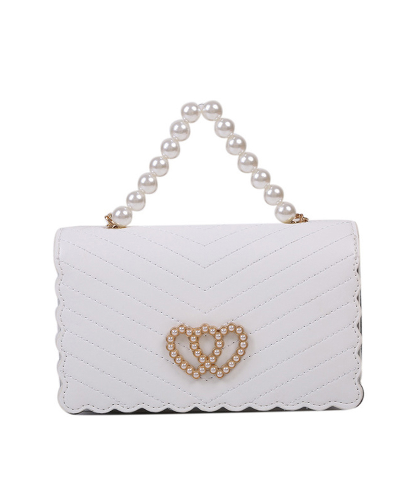 

Beaded Strap Chevron Heart Pattern Shoulder Bag, White