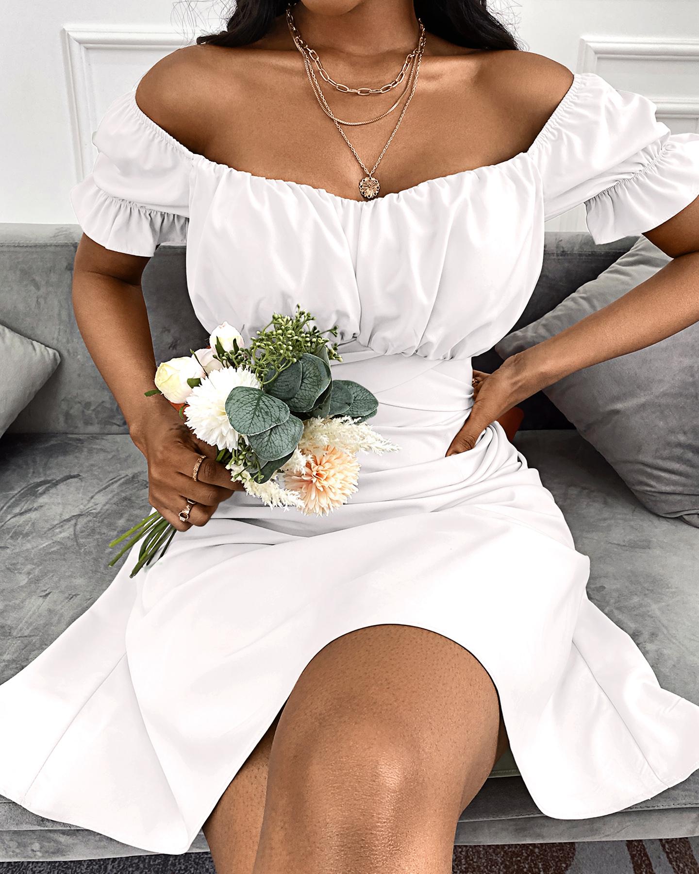 

Off Shoulder Ruched Ruffles Dress, White