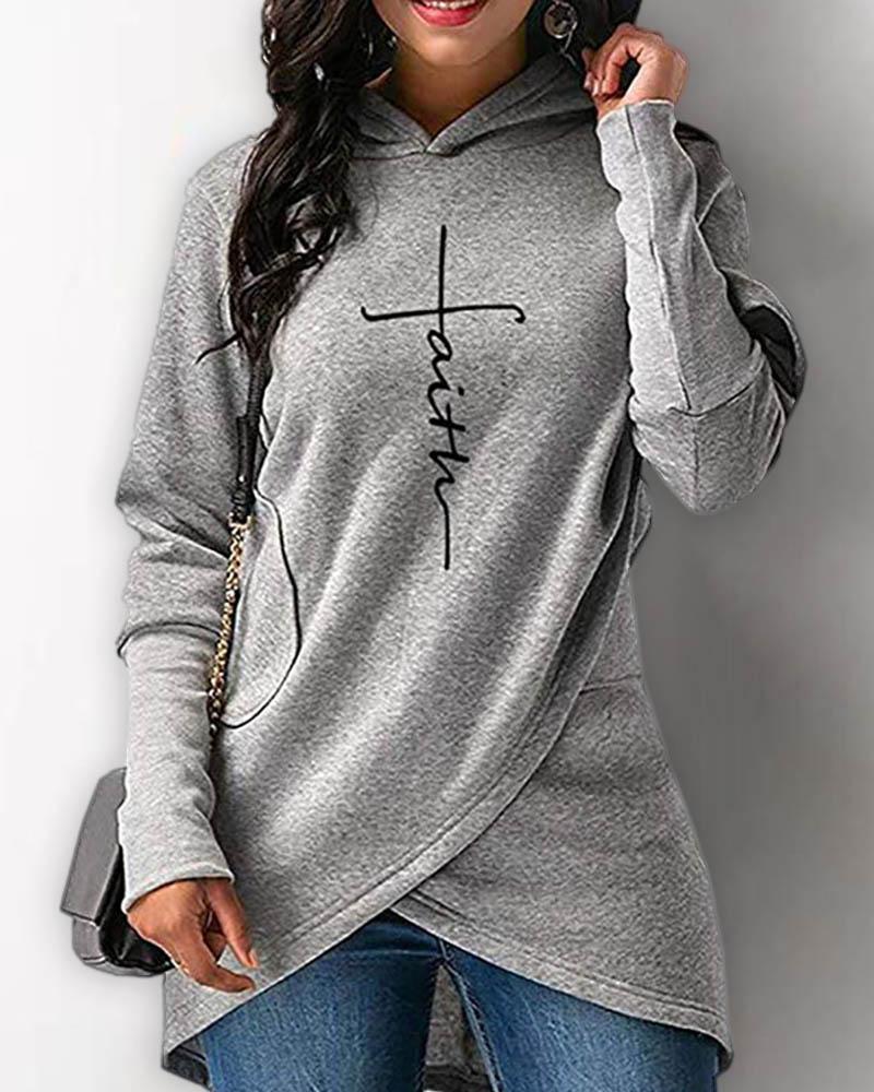

Letter Print Long Sleeve Casual Hooded Top, Gray