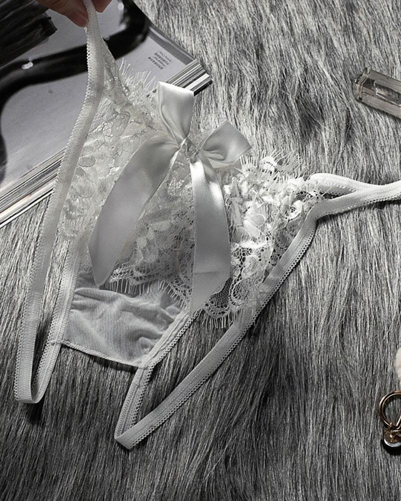 

Eyelash Lace Bowknot Decor Panty, White