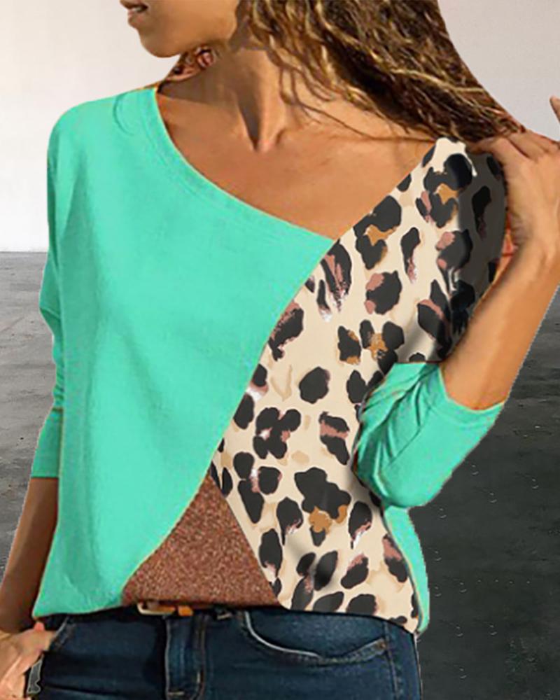 

Colorblock Insert Leopard Print Long Sleeve T-shirt, Blue