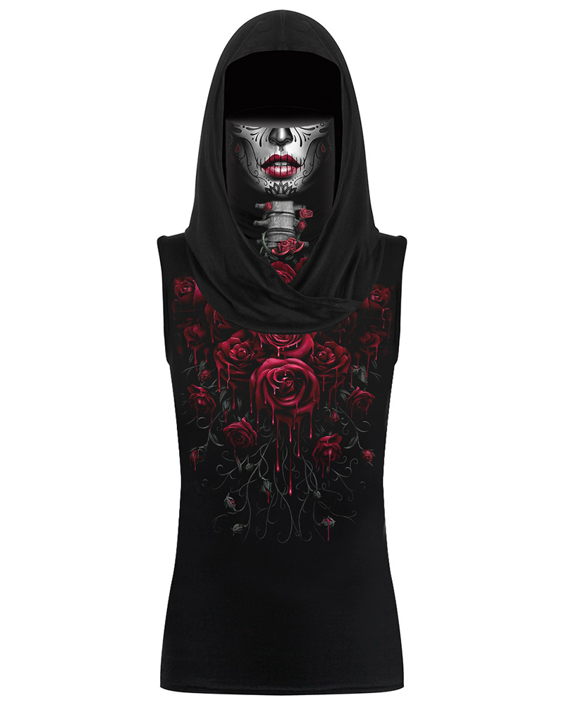 

Ghost Print Hooded Tank Top With Ear Loop Face Bandana, Black
