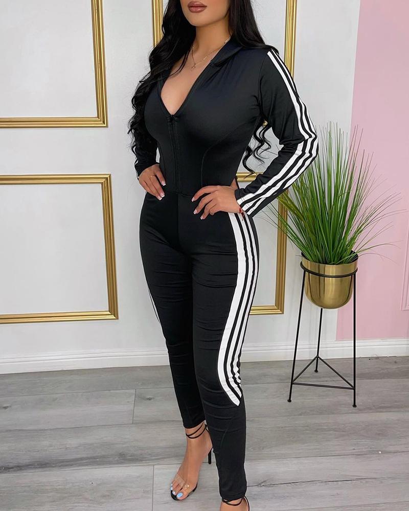 

Striped Colorblock Long Sleeve Jumpsuit, Black