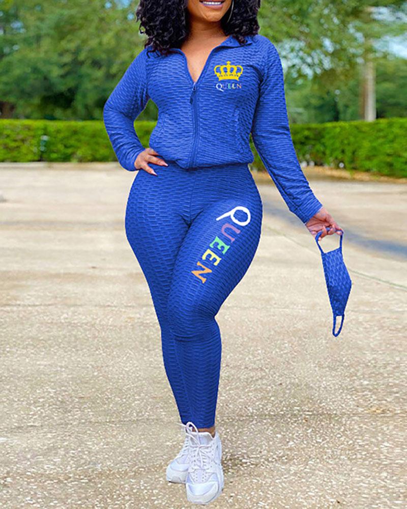 

Letter Print Zipper Design Sporty Top & Pants Set, Blue
