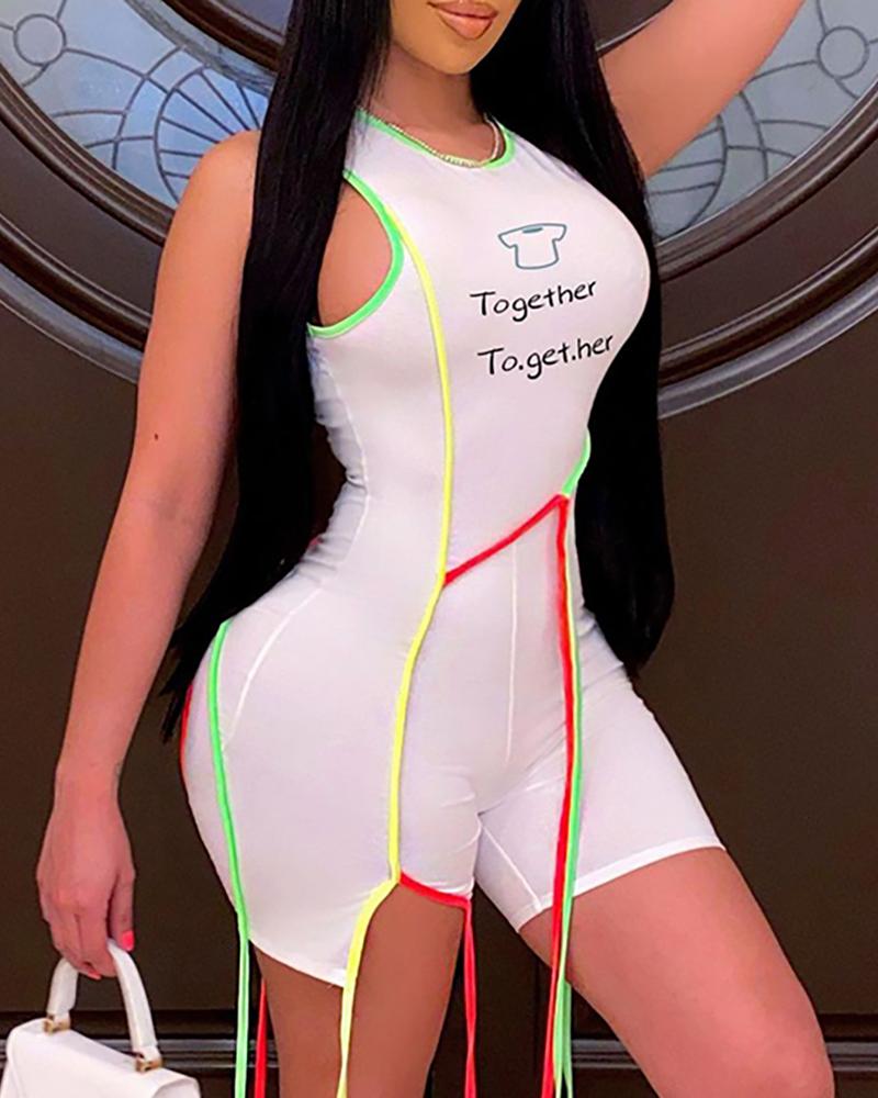 

Contrast Binding Colorblock Letter Print Slit Romper, White
