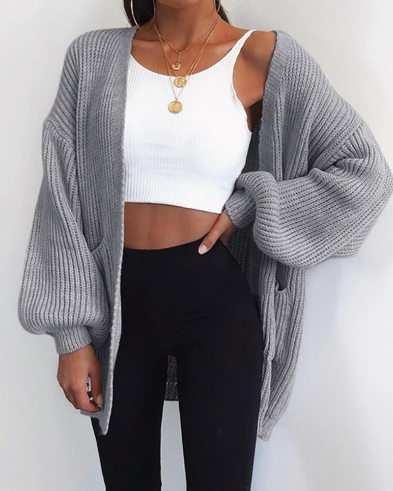 

Knit Lantern Sleeve Casual Cardigan, Gray