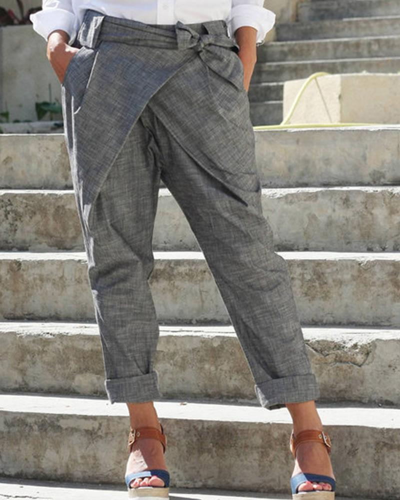 

Solid Bow Cigarette Long Pants, Green
