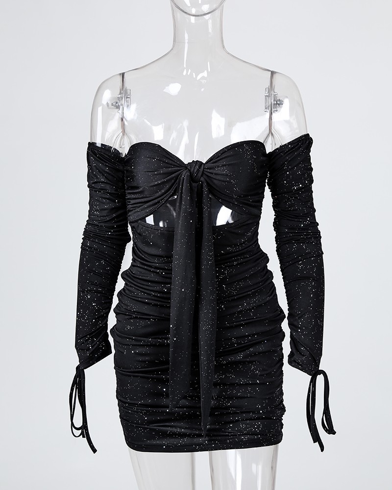 cross over off shoulder ruched bodycon dress