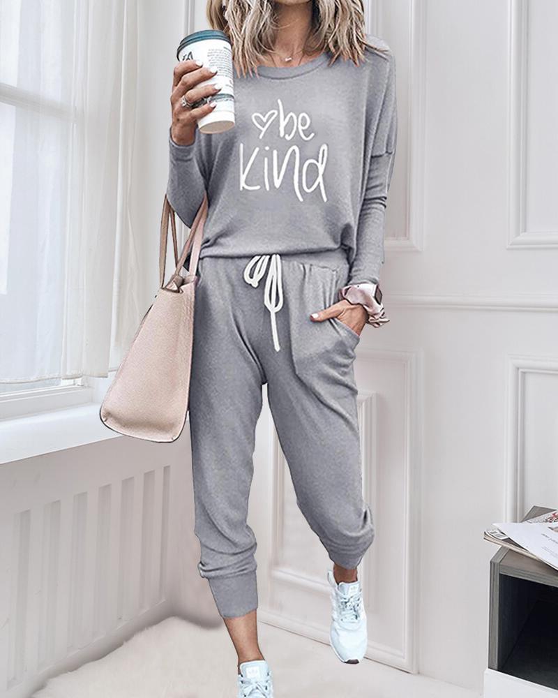 

Letter Print Long Sleeve T-shirt With Sweatpants Suit Sets, Gray