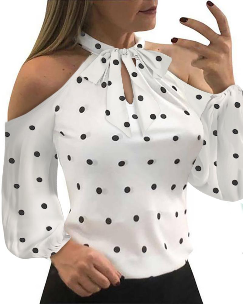 

Cold Shoulder Polkadot Print Tie Neck Lantern Sleeve Top, White