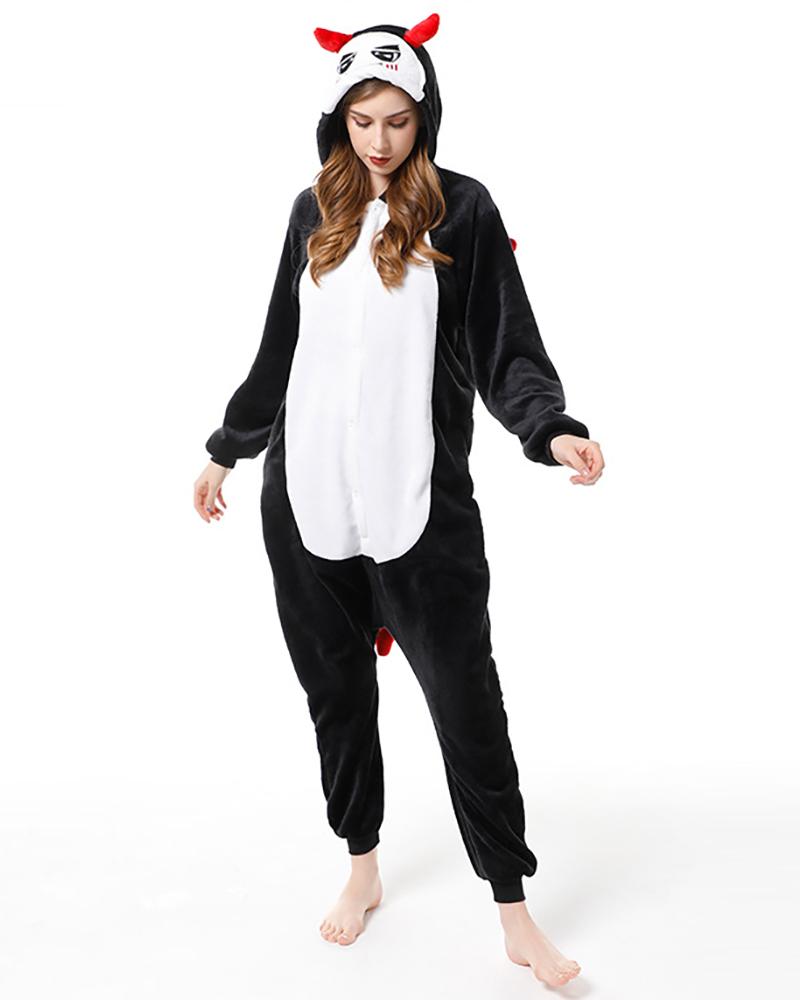 

Devil Pattern Hooded Onesie Pajamas, Black