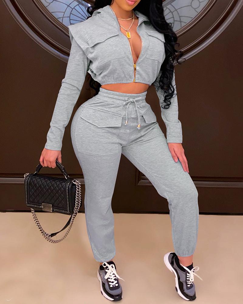 

Zipper Design Long Sleeve Hooded Crop Top & Drawstring Pants Set, Gray