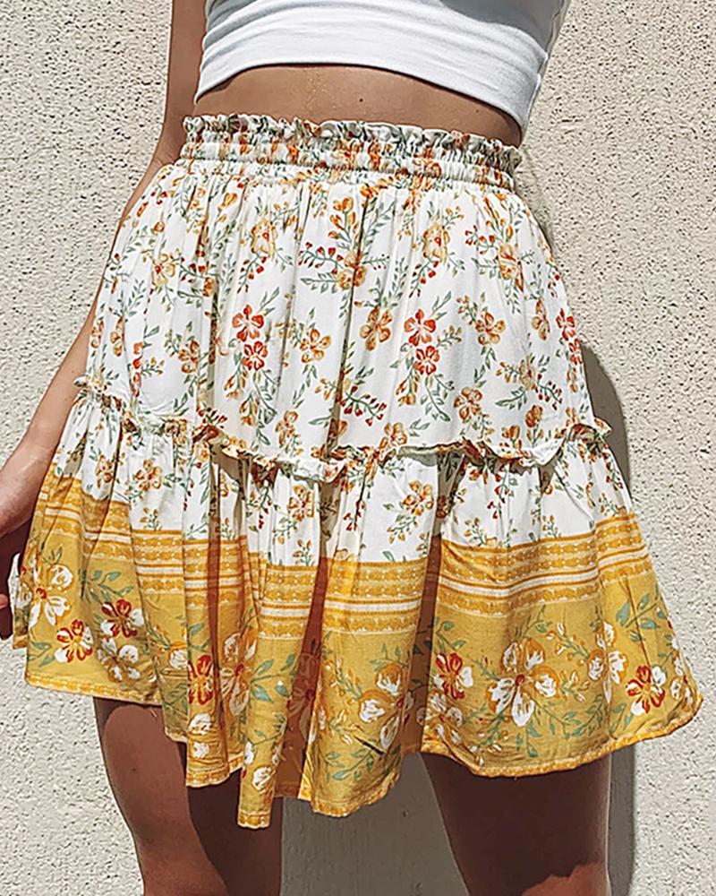 

Floral Print Frill Hem Casual Skirt, Yellow