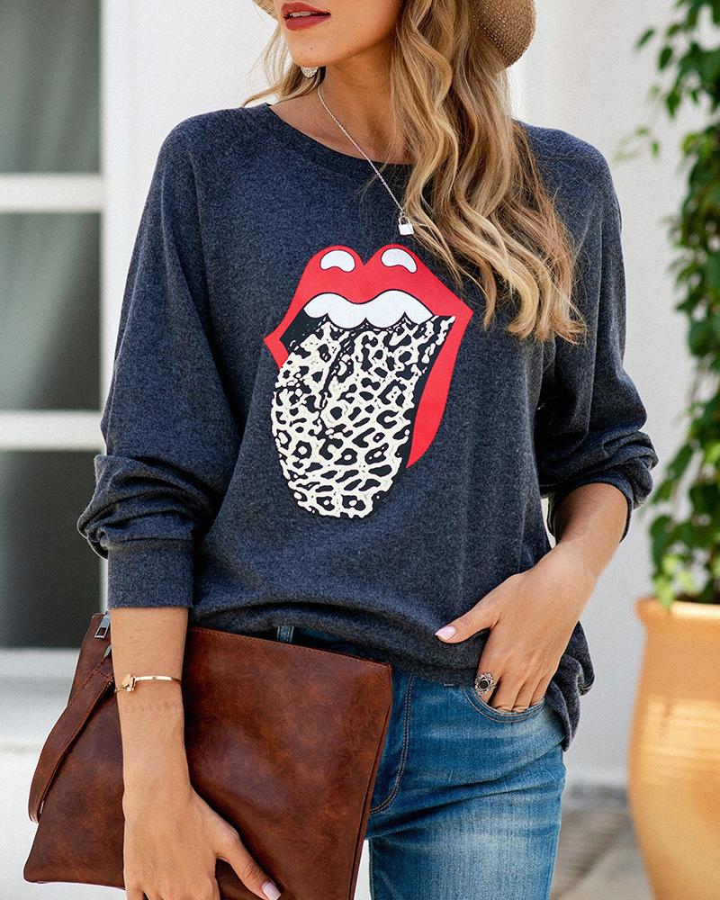 

Cheetah Lip Print Long Sleeve Top, Dark blue