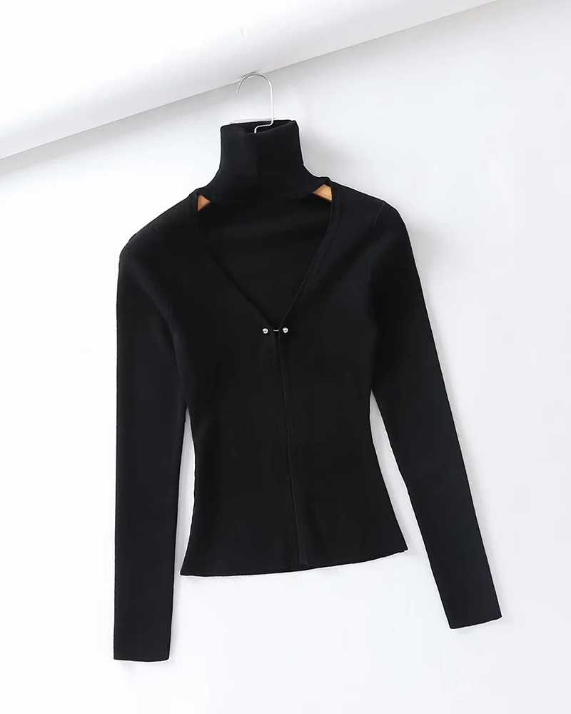 

Plain Cutout Front Long Sleeve Knit Top, Black