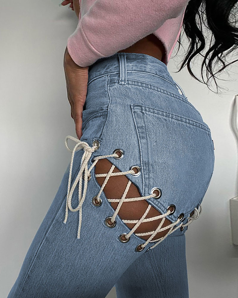 

Eyelet Lace-up High Waist Denim Pants, Blue