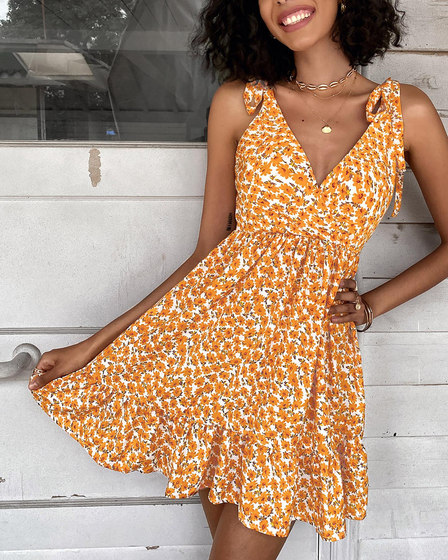 

Floral Print Tie Strap Ruffle Hem Dress, Orange