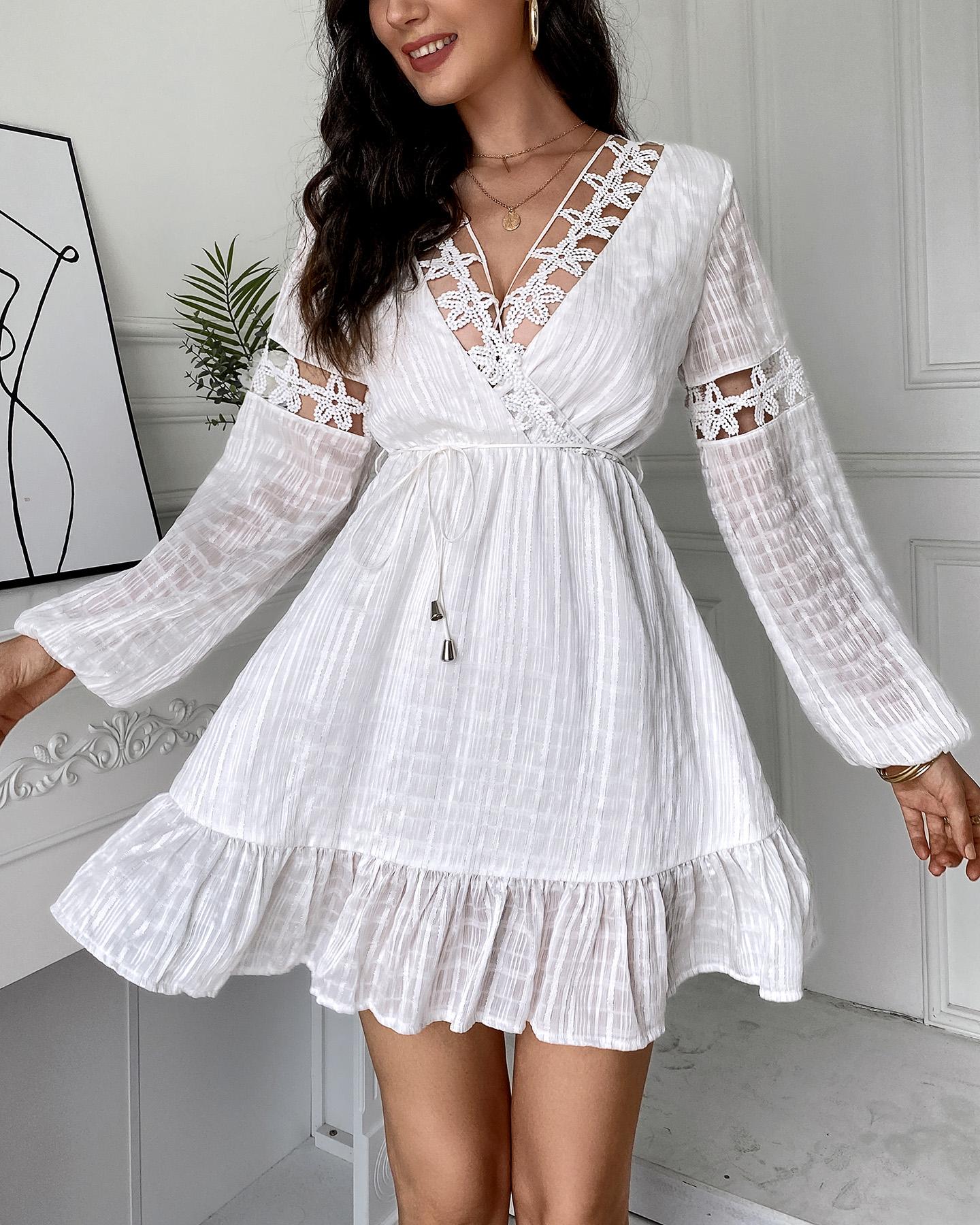 

Ruffle Hem Lace-up Backless Floral Lace Dress With Belt, White