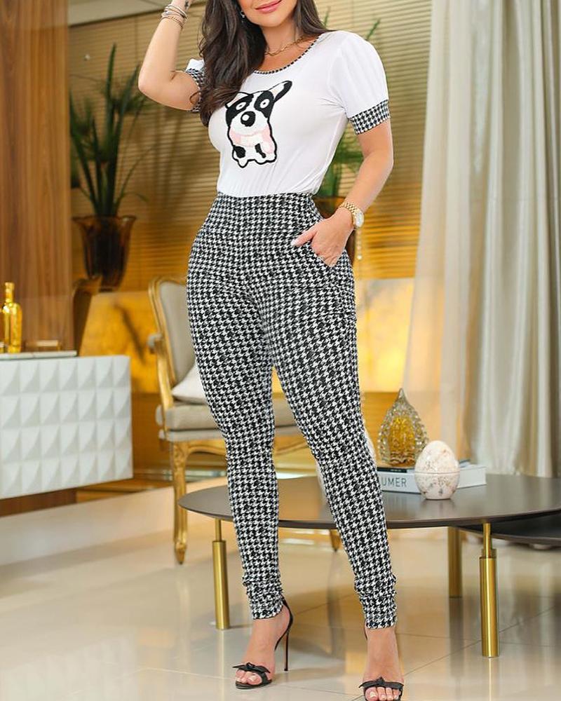 

Dog Print Top & Houndstooth Pocket Design Pants Set, White