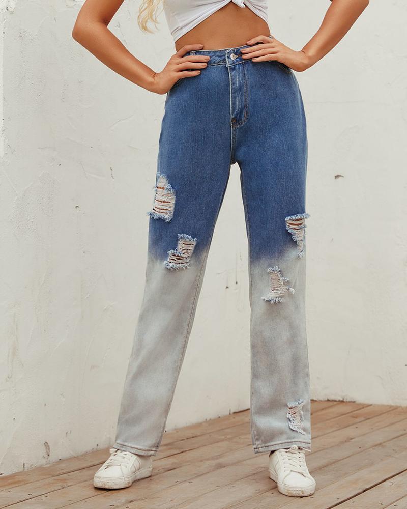

Colorblock Loose Straight Denim Ripped Pants, Blue