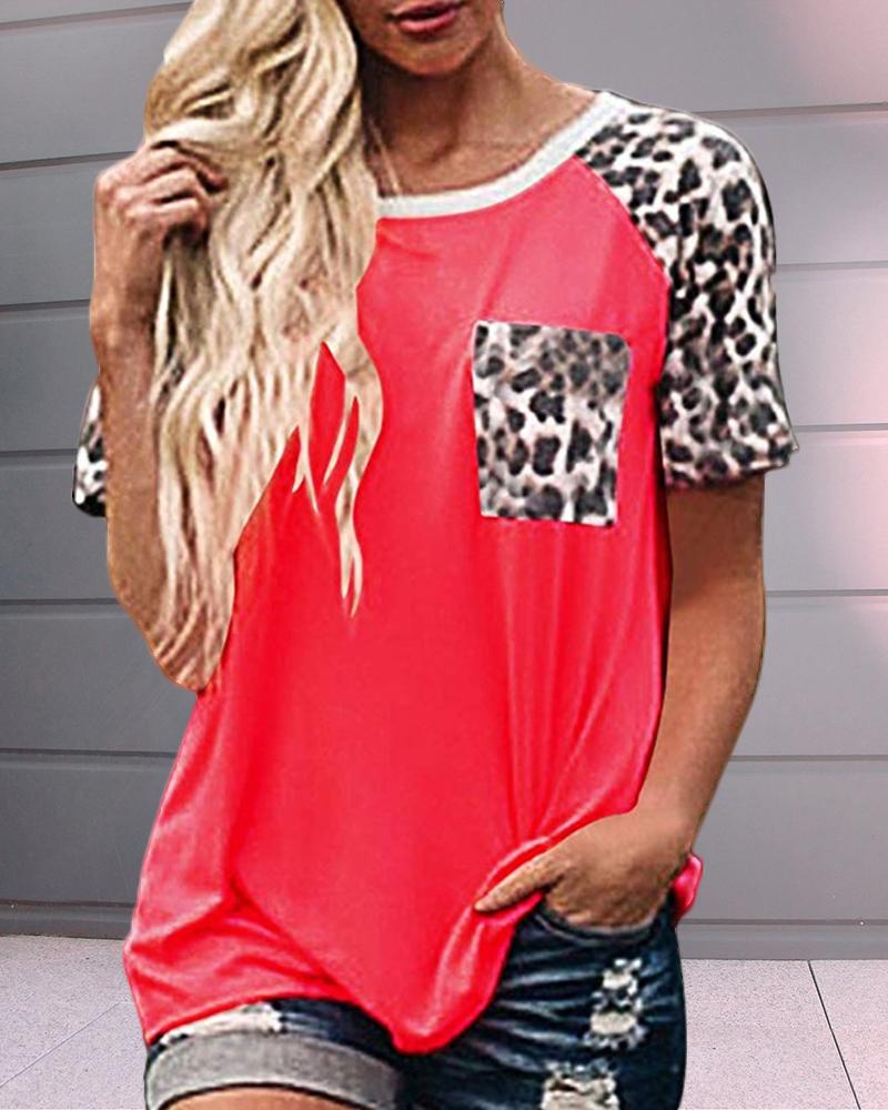 

Leopard Print Short Sleeve Pocket T-shirt, Red
