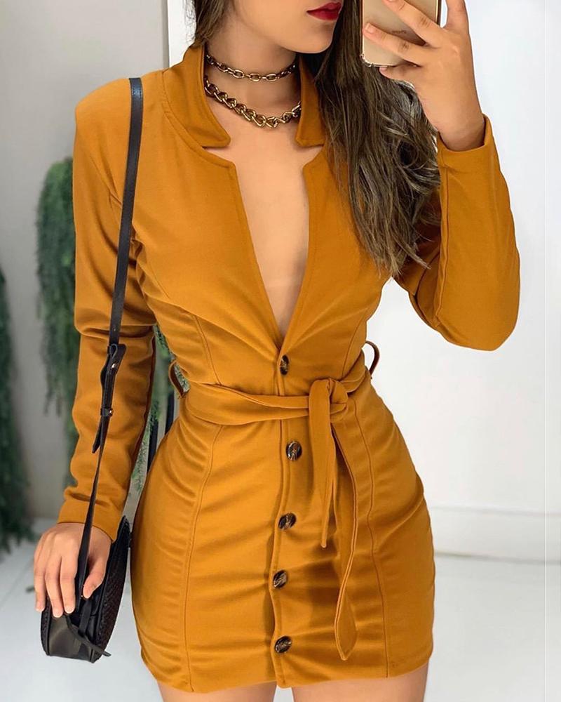 

Long Sleeve Plunge Buttoned Bodycon Dress, Brown