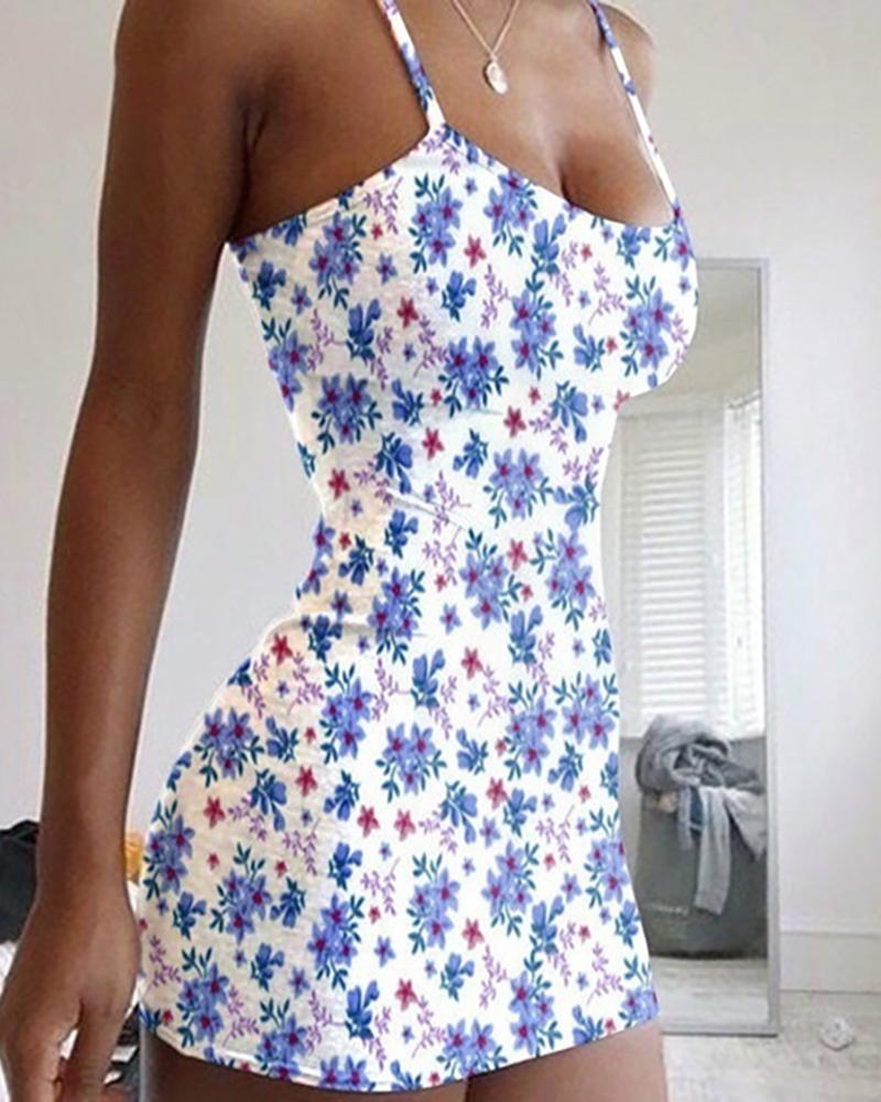 

Floral Print Spaghetti Strap Mini Women Dress, Blue