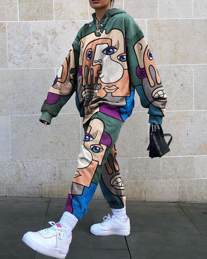 

Abstract Print Lantern Sleeve Hooded Top & Pants Set, Green