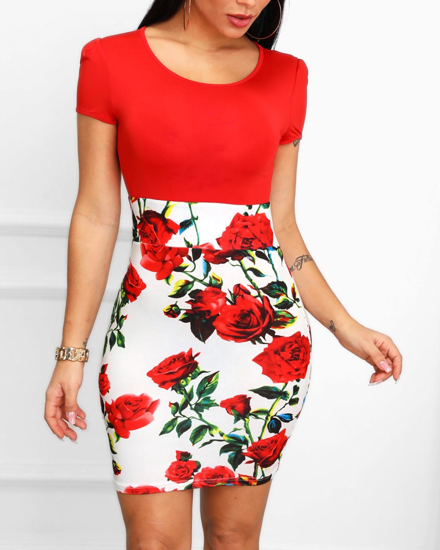 

Floral Print Insert Short Sleeve Bodycon Dress, Multicolor