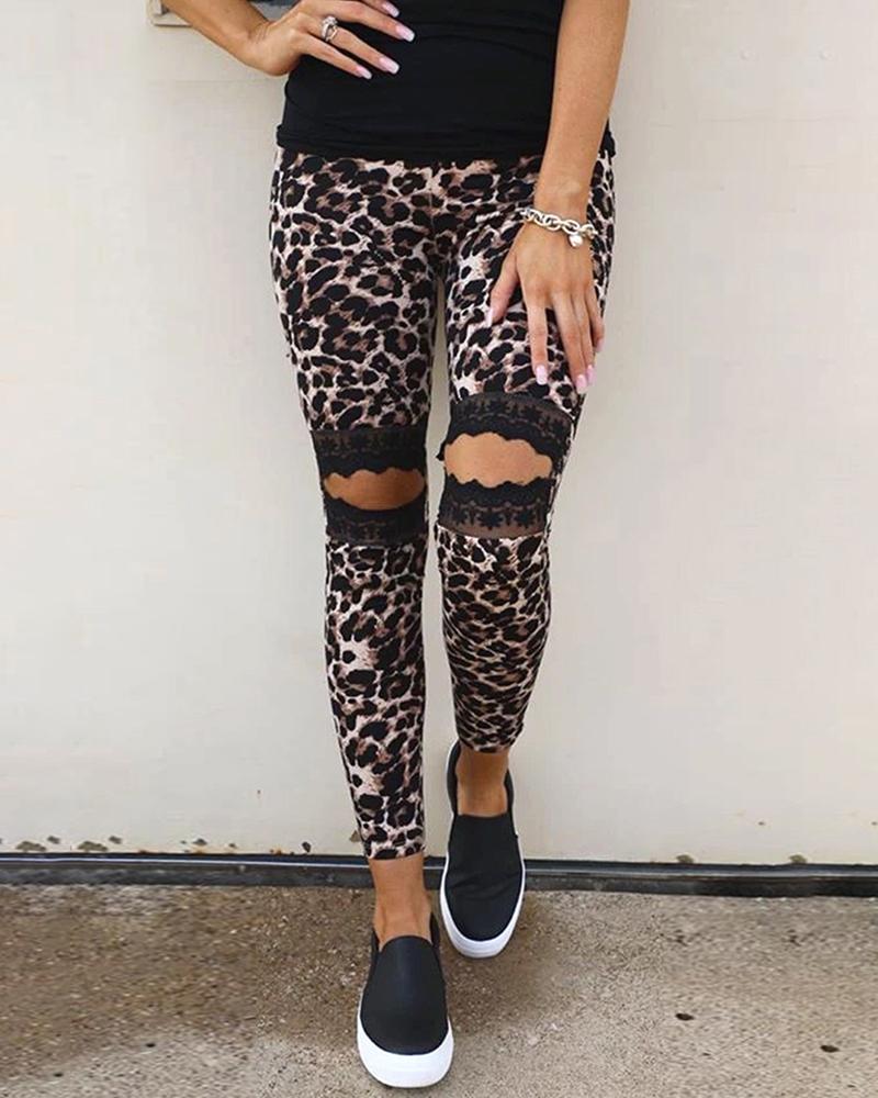 

Leopard Print Lace Cutout Knee Casual Pants