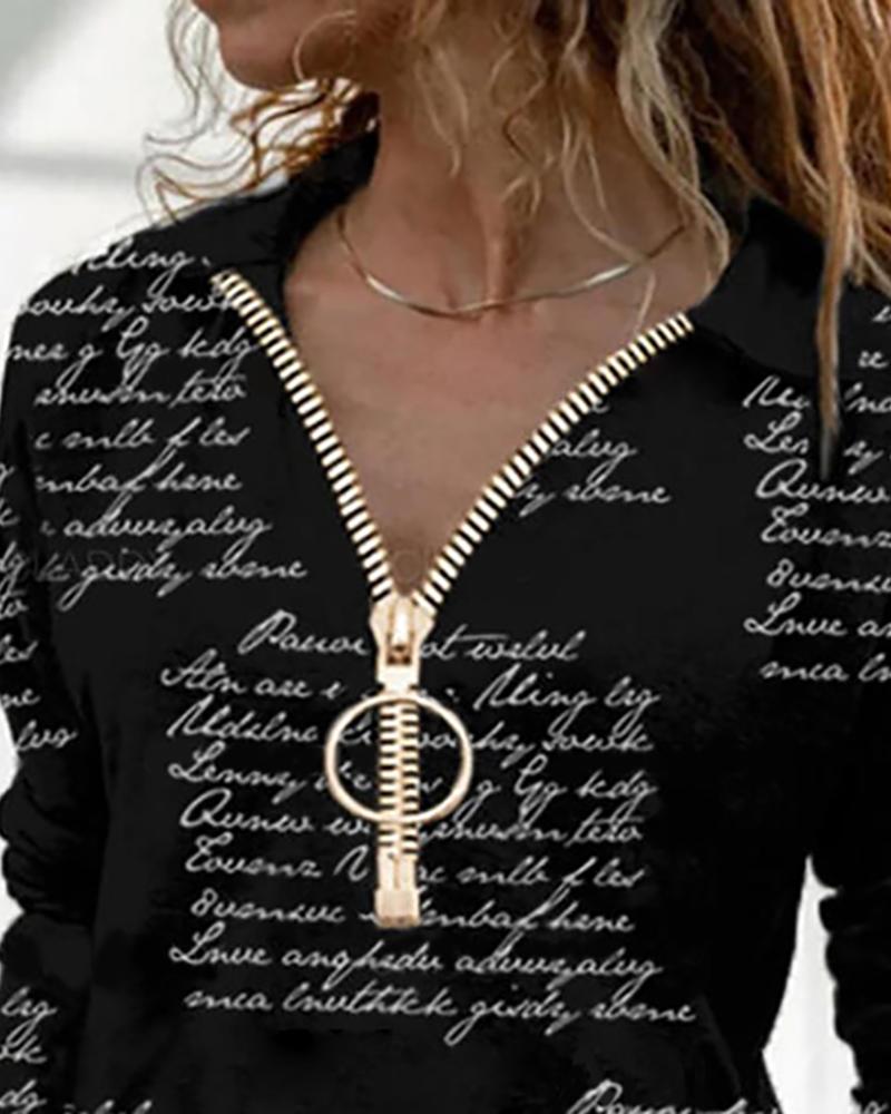 

Letter Print Zipper Design Casual Top, Black