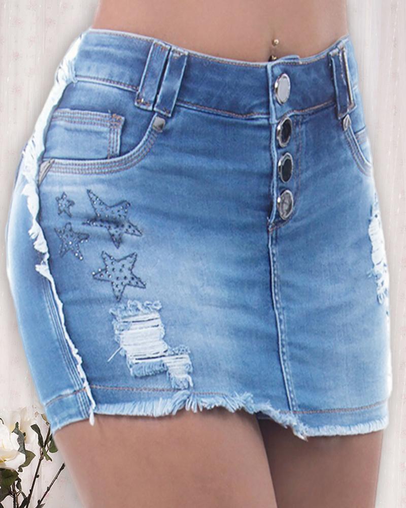 

Star Pattern Studded Fringe Hem Ripped Denim Skirt, Blue