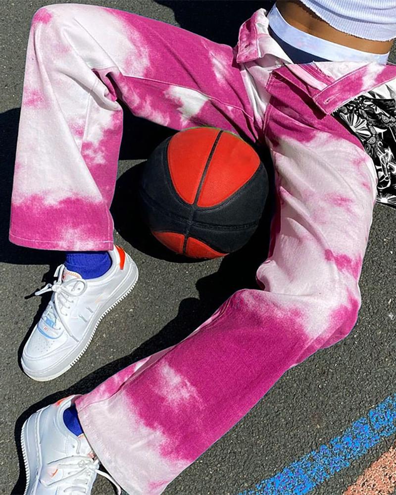 

Tie Dye Print High Waist Pocket Design Pants, Pink