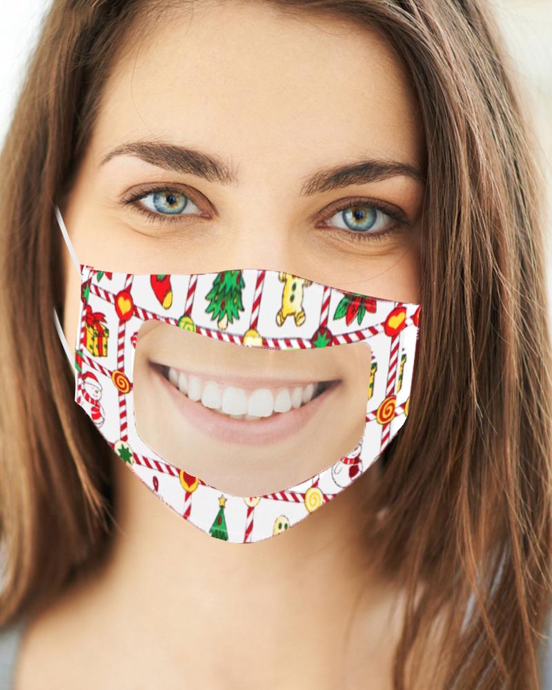 

Christmas Print Mouth Clear Window Visible Face Mask, Style2