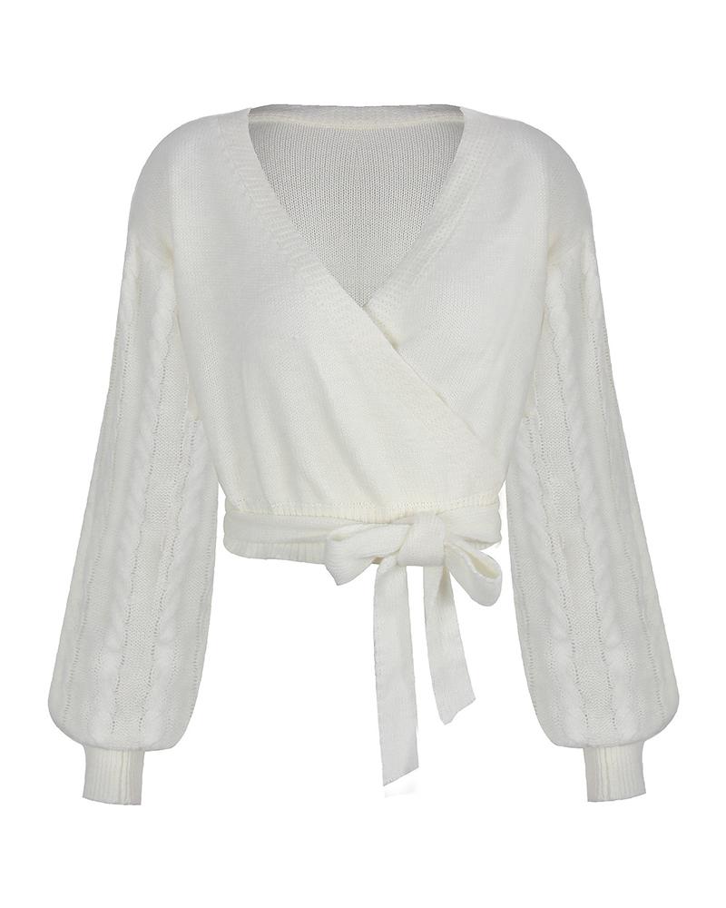 

Solid Cross Bloomer Sleeve Loose Sweaters, White