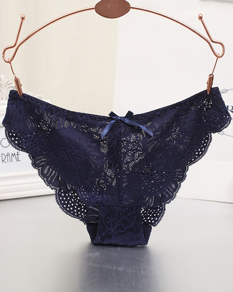 

Scallop Trim Bowknot Decor Floral Lace Panty, Dark blue