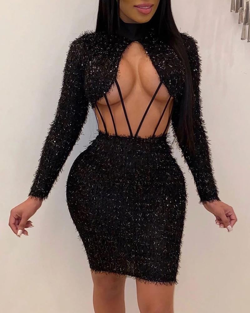 

Fluffy Sequins Cutout Party Dress, Black