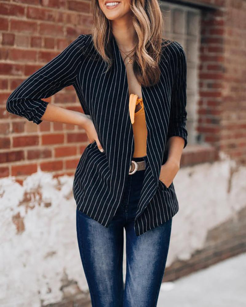 

Pocket Padded Shoulder Pinstripes Open Front Blazer, Black