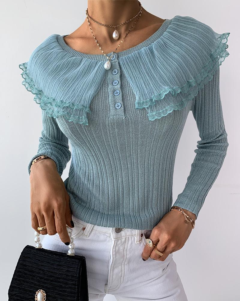 

Sheer Mesh Ruffles Trim Glitter Top, Blue