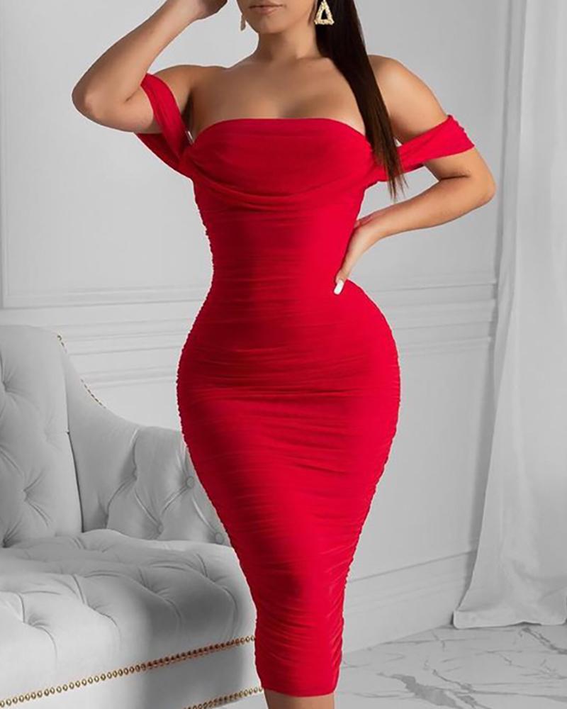 

Plain Off Shoulder Ruched Bodycon Dress, Red