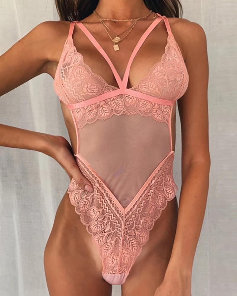 

Guipure Lace Sheer Mesh Cutout Teddy, Pink