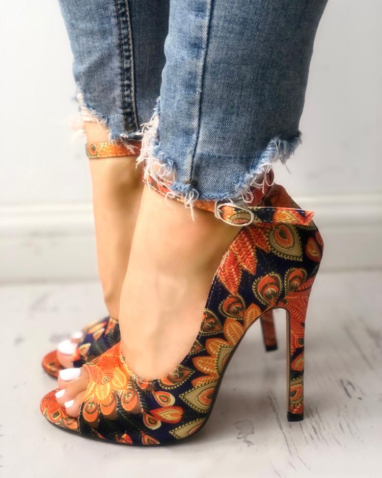 ethnic print peep toe ankle strap