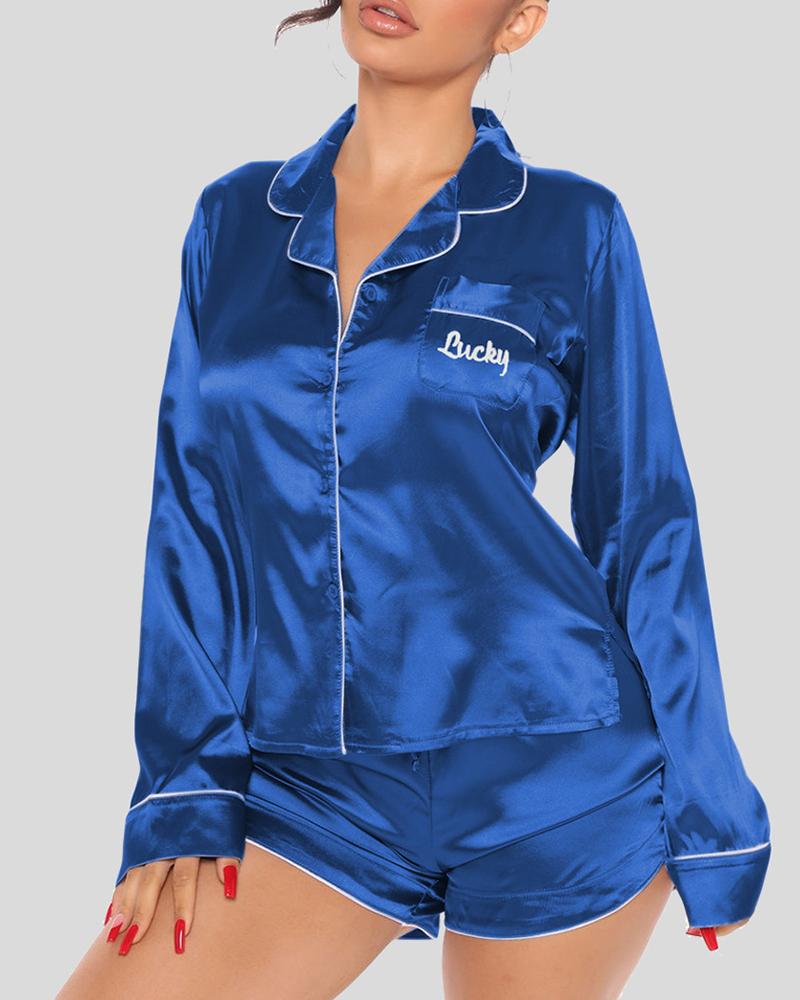 

Letter Print Button Front Satin Pajamas Set, Blue