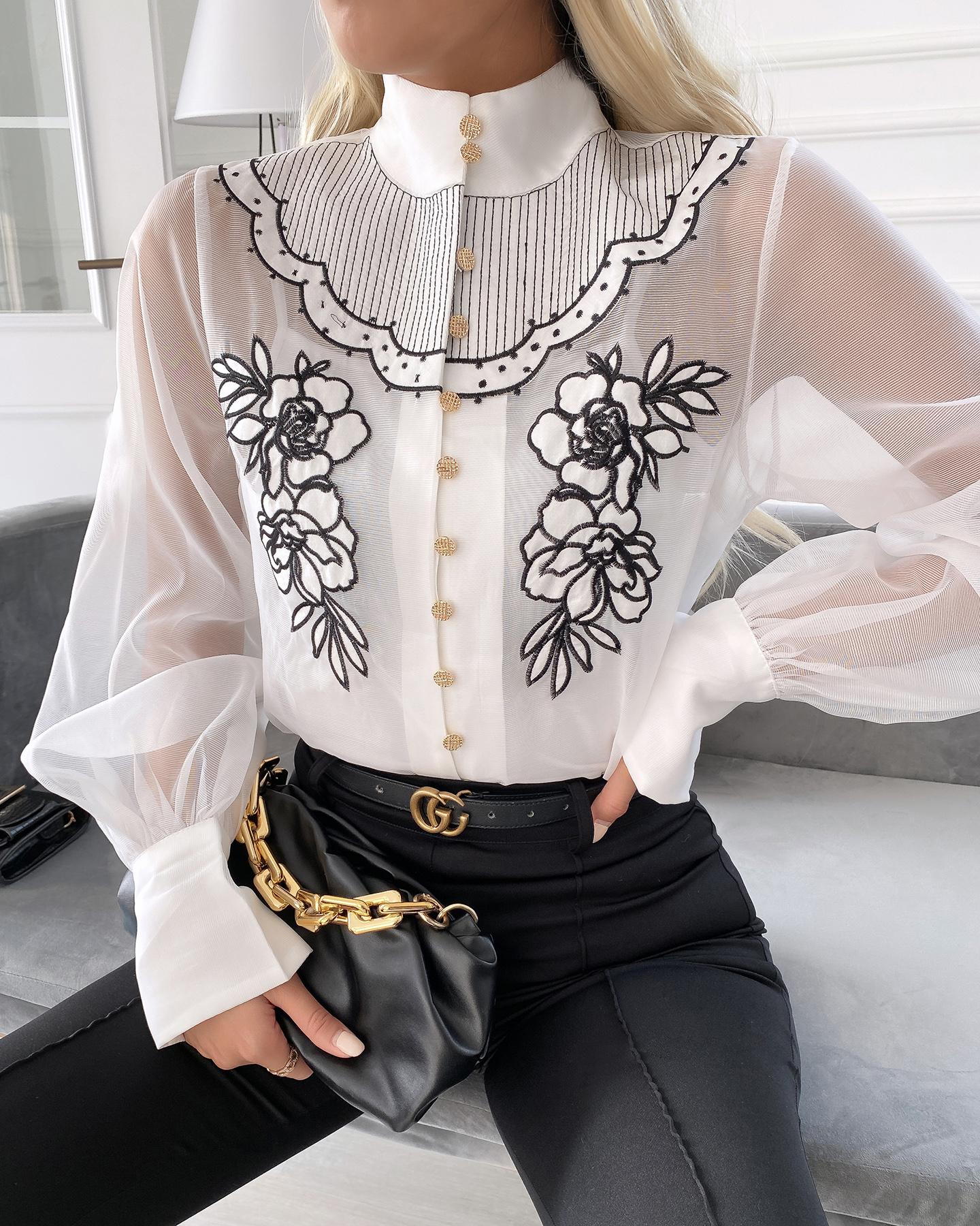 

Mesh Lantern Sleeve Buttoned Up Floral Embroidery Top, White
