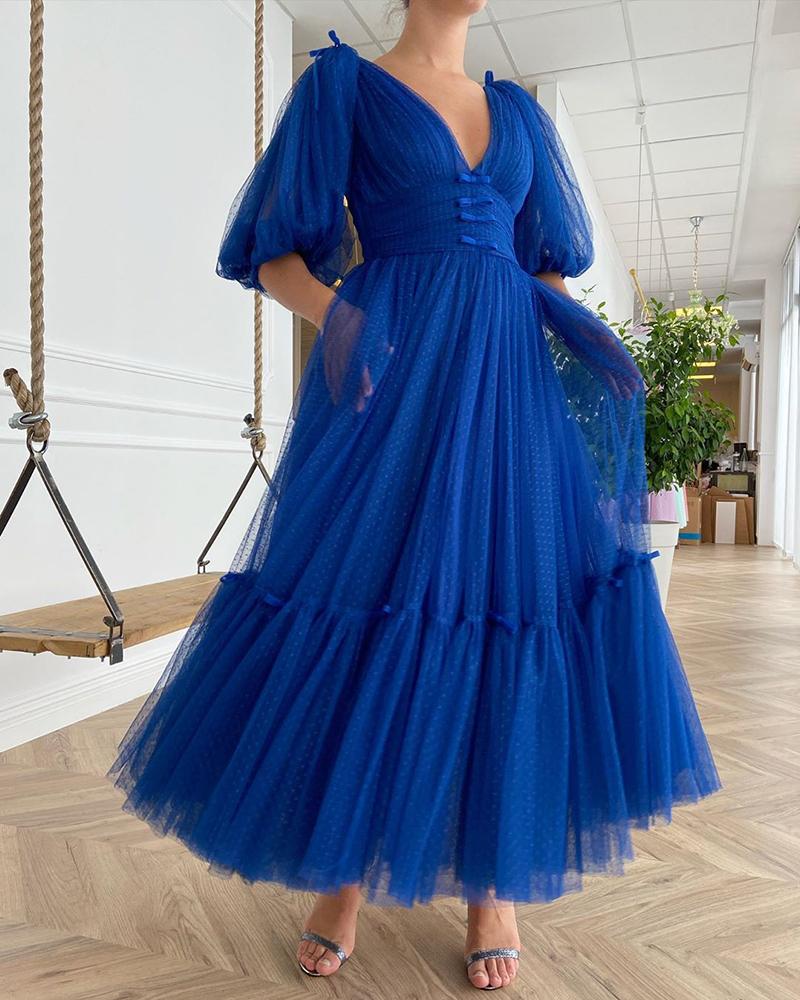 

Button Front Puff Lantern Sleeve Ruched Mesh Prom Dress, Blue