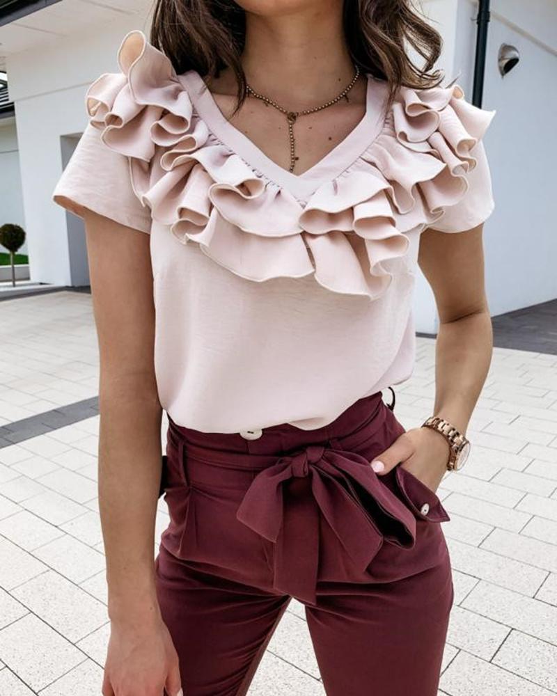 

Ruffle Trim Short Sleeve Top, Pink