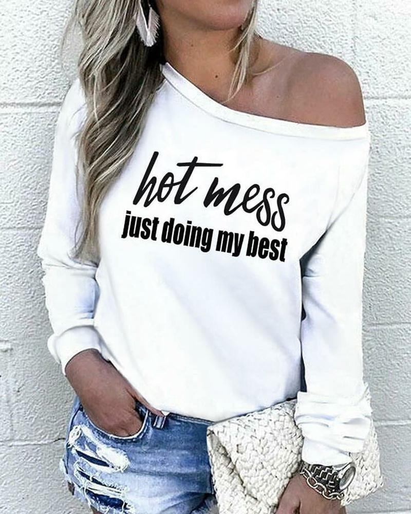 

Letter Print One Shoulder Long Sleeve Casual T-shirt, White