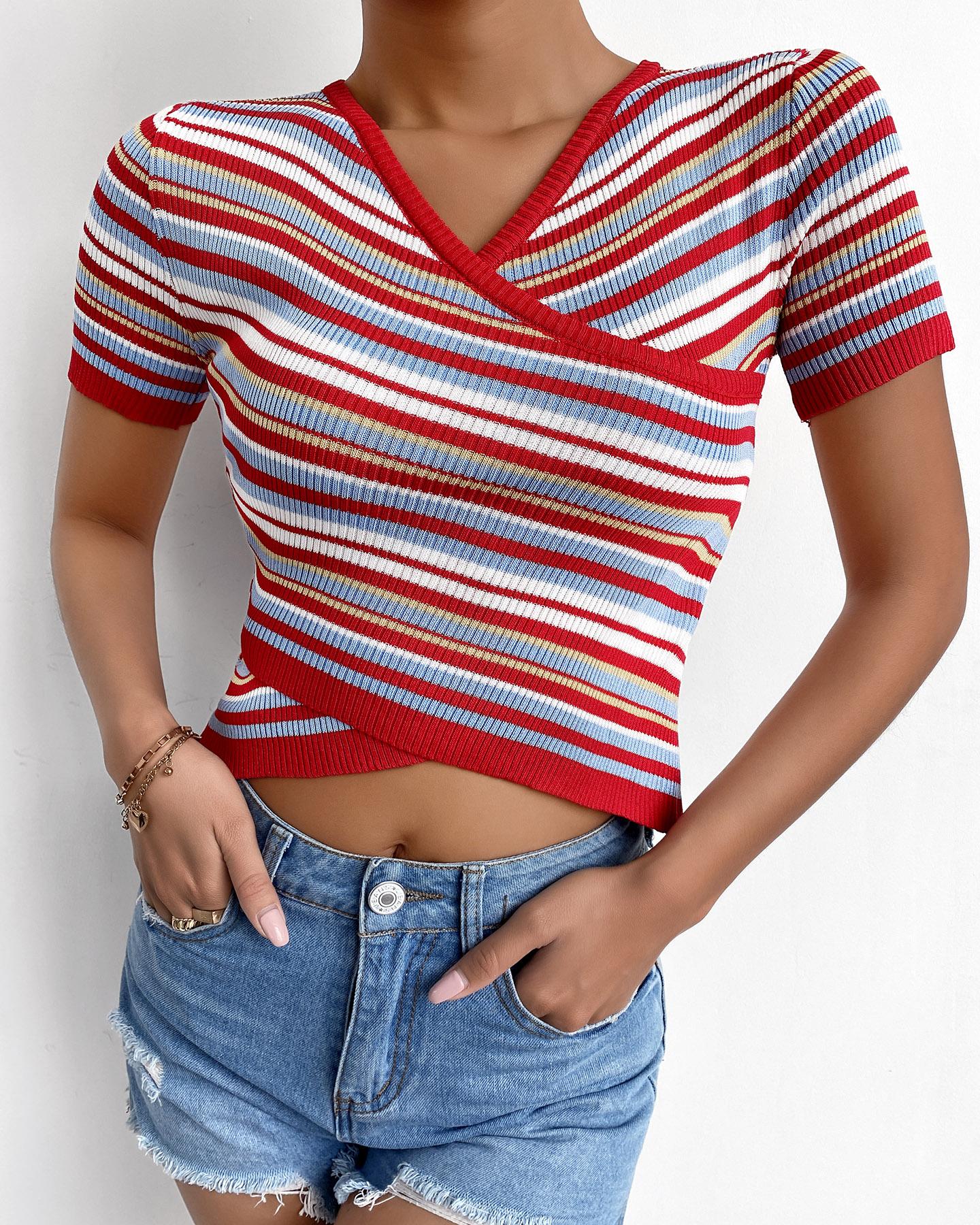 

Striped Colorblock Short Sleeve Rib-Knit Wrap Top, Red