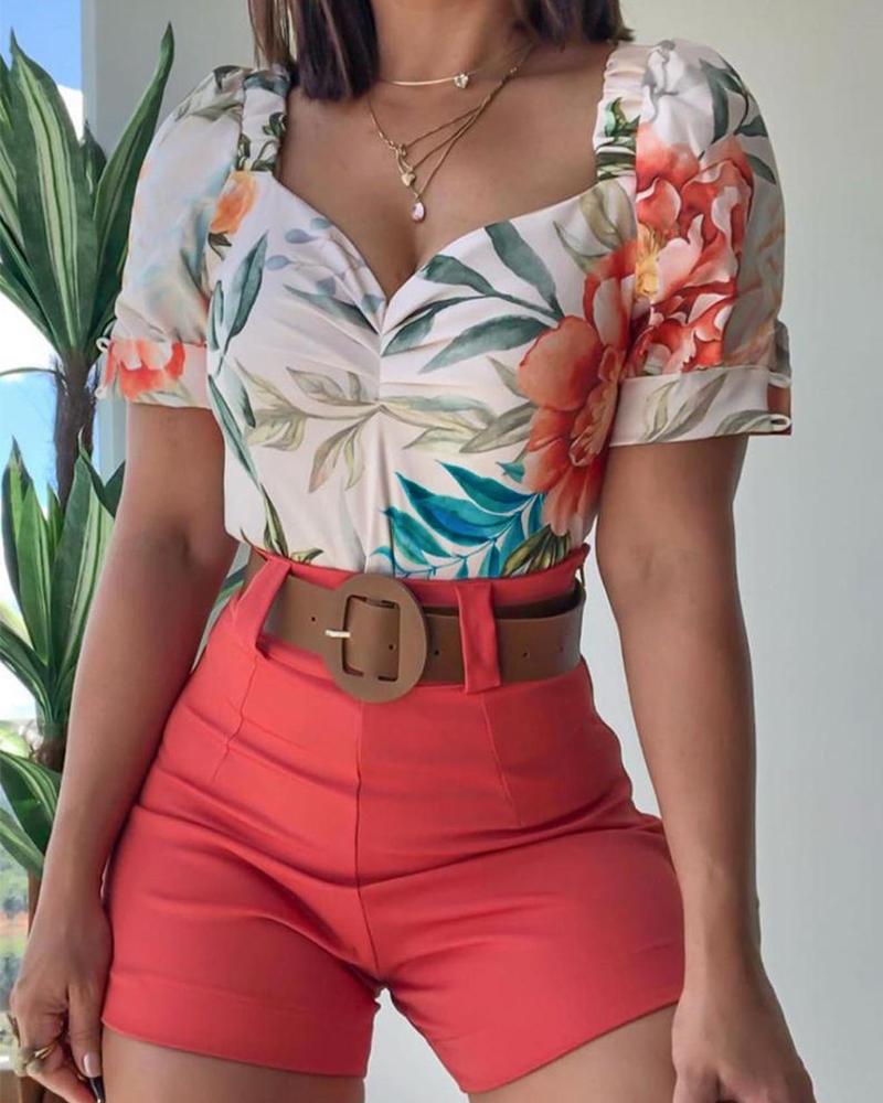 

Floral Print V Neck Short Sleeve Top & Shorts Set, Multicolor