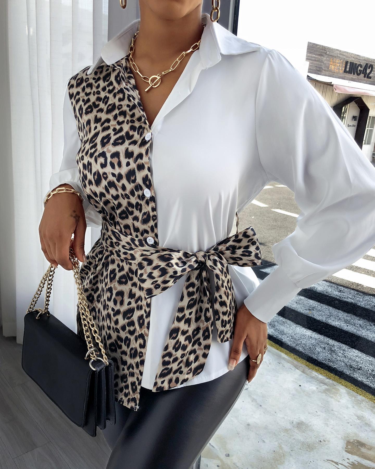 

Leopard Print Knotted Design Shirt, White